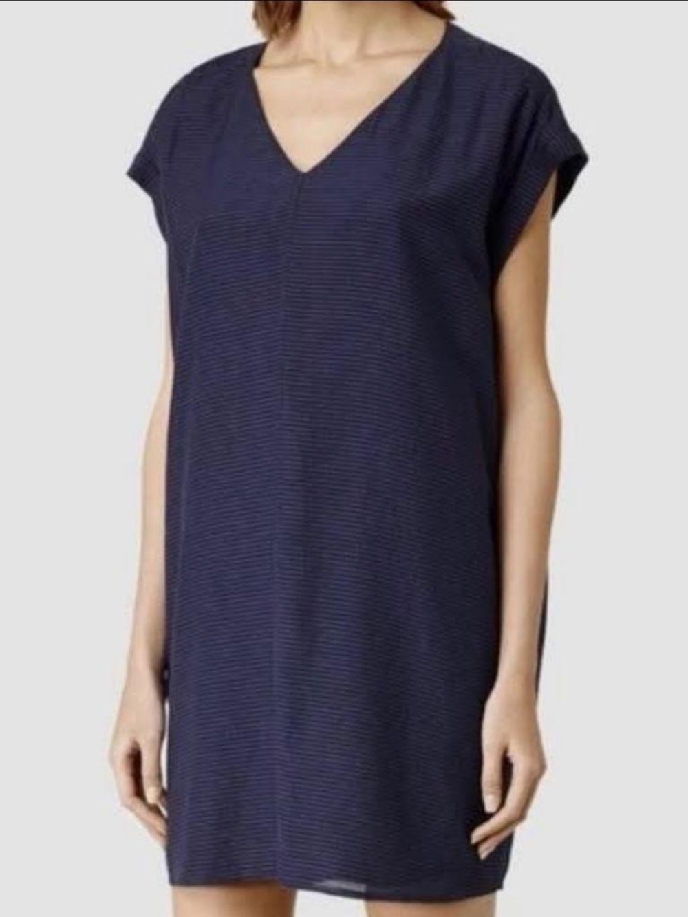 AllSaints Kinney LA Dress Navy and Light-Gray Striped V-Neck Dress Size US 2